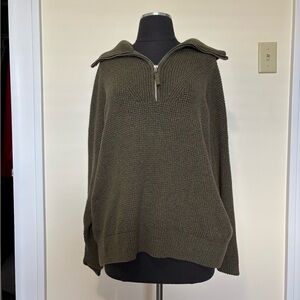 Aerie Olive Green Waffle Knit Pullover Quarter Zip Sweater with Collar